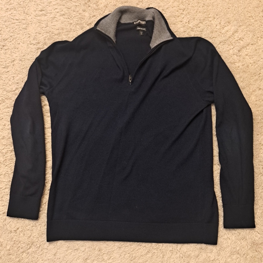 Express‎ Quarter Zip Sweater Mens Size Large Navy Merino Wool Blend Preppy